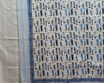 Fish Print Kantha Quilt, Handblock Indian Cotton Bedspread (90x108)