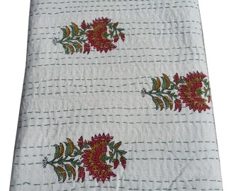 Edredón Kantha floral tamaño Queen, manta de algodón india cosida a mano