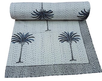 Palm Tree Kantha-täcke, vändbart bomullsöverkast i queen size