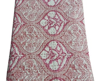 Pink Floral Kantha Quilt, Handmade Indian Cotton Bedspread (Queen)