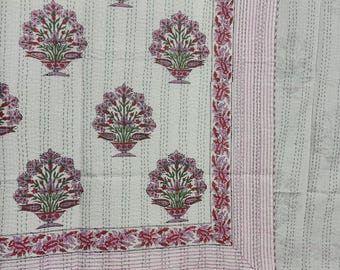 Handmade Pink Floral Kantha Quilt, King Size Cotton Bed Cover