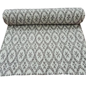 Kantha quilt Dark Grey Handblock Floral Print Handmade Stitched Hippie Bohemian Blanket Throw Bedspread Decorative Quilt