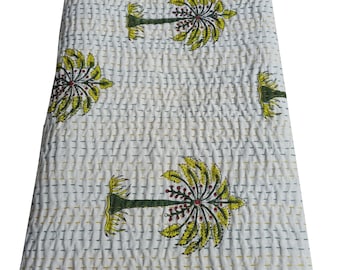 Hand Block Print Cotton Quilt Yellow Floral Throw Blanket Lightweight Bedspread