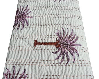 Purple Floral Queen Kantha Quilt, Hand Stitched Cotton Bedspread