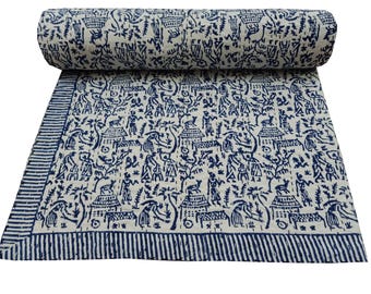 Handmade Block Print Kantha Quilt - Navy Blue Boho Bedding (Queen Size)