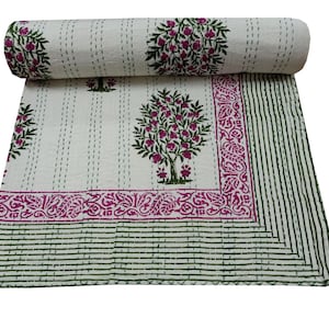Manta reversível para cama/sofá Kantha Stitch em algodão puro, tamanho queen | Dohar com estampa floral feita à mão | Motivo de romã em branco, rosa e verde
