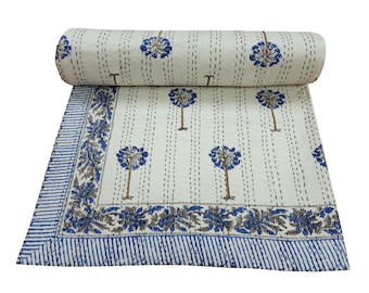 Handmade Kantha Queen Size Quilt | Reversible Floral Bed Throw