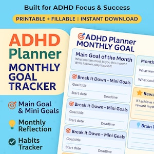 ADHD Monthly Goal Tracker – Printable & Fillable | Set Clear Goals, Build Habits, Stay Focused
