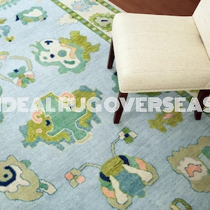 Handmade Oushak Rug – Light Blue & Green Wool Area Rug | Turkish Style Pastel Accent Carpet | Soft Vintage Look Oriental Rug for Living Room