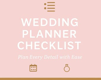 May include: A digital wedding planner checklist in PDF format. The design features the words "WEDDING PLANNER CHECKLIST" in white, with the tagline "Plan Every Detail with Ease" on a pink background. Includes icons of a calendar and a ring.