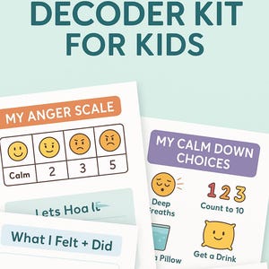 May include: An Anger Decoder Kit for Kids, featuring cards with an anger scale, calm-down choices, and prompts. The kit includes cards with illustrations and text such as "My Anger Scale" and "My Calm Down Choices."