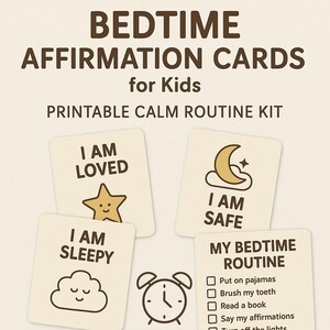 Tarjetas de Afirmaciones para la Hora de Dormir para Niños – Kit Imprimible de Rutina de Calma
