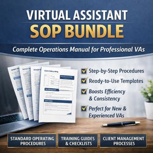 May include: A bundle of documents titled "Virtual Assistant SOP Bundle" with the text "Complete Operations Manual for Professional VAs." The image includes documents with checklists and templates, and a pen.