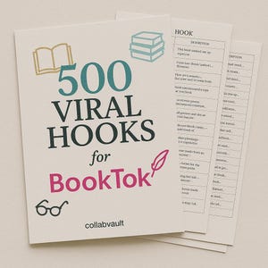 Könnte beinhalten: Drei cremefarbene Papierbögen mit dem Text "500 VIRAL HOOKS for BookTok" in Türkis und Pink. Die Bögen haben eine Liste von Beschreibungen und eine Grafik eines Buches und eines Stifts.