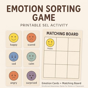 Juego de clasificación de emociones para niños: actividad SEL imprimible, tarjetas de emociones + tablero de correspondencia, juego de conciencia emocional para el hogar o el aula.