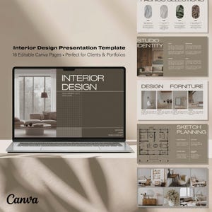 以下が含まれることがあります： 「Interior Design」と「18 Editable Canva Pages」のテキストが表示された、インテリアデザインプレゼンテーションテンプレートを表示するラップトップ。プレゼンテーションには、生地の選択、スタジオのアイデンティティ、デザイン家具、スケッチプランニングに関するスライドが含まれています。Canvaのロゴが表示されています。