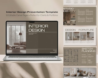 Interior Design Presentation Template | 18 Page Canva Template | Client Proposal, Moodboard, Floor Plan, Render Portfolio