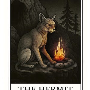 May include: Illustration of a cat from a tarot card, titled "The Hermit." The cat sits near a campfire in a dark, mountainous setting. The artwork is detailed with a star and two pine trees in the background.