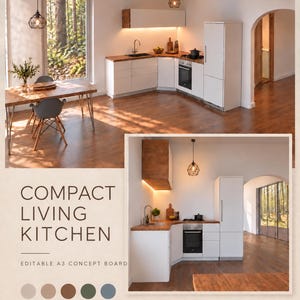 Könnte beinhalten: Ein Konzeptboard mit dem Titel COMPACT LIVING KITCHEN zeigt zwei Innenansichten einer Küche mit weißen Schränken, Holzarbeitsplatten, einem Esstisch mit grauen Stühlen und einer Farbpalette aus beigen, braunen, grünen und blauen Kreisen.