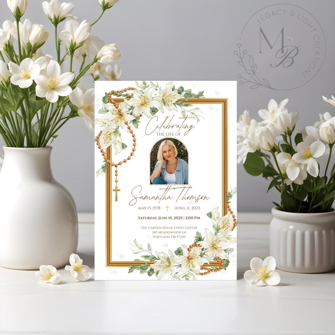 White Lily Rosary Funeral Invitation • Celebration of Life Template