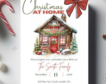 Christmas Cabin Invitation Template | Watercolor Holiday Party (Canva Editable, Printable)