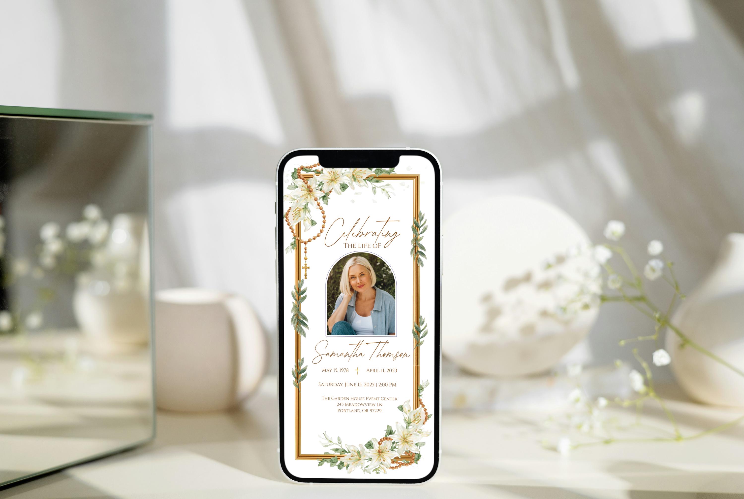 White Lily Rosary Funeral Invitation • Celebration of Life Template