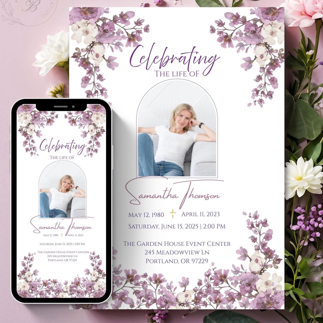Purple Floral Funeral Invitation for Phone | Editable Memorial Template ...