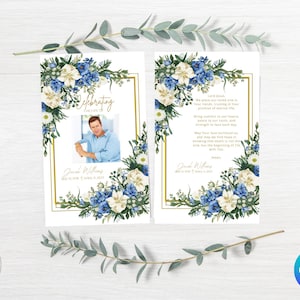 May include: Two rectangular funeral program cards featuring a gold rectangular border and watercolor floral arrangements in shades of blue, white, and green. The left card displays a photograph of a person and the text Celebrating the life of Jacob Williams.