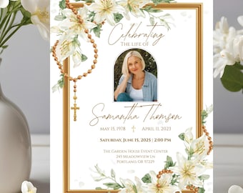 White Lily Rosary Funeral Invitation • Celebration of Life Template • Editable Memorial Service Canva Invite