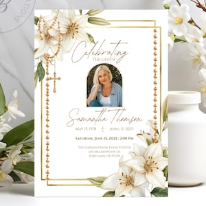 Elegante plantilla conmemorativa de lirios / Invitación para celebración de la vida / Programa funerario floral blanco / Canva editable / Tamaños para teléfono e impresión
