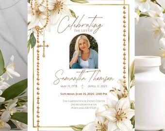 Elegante plantilla conmemorativa de lirios / Invitación para celebración de la vida / Programa funerario floral blanco / Canva editable / Tamaños para teléfono e impresión