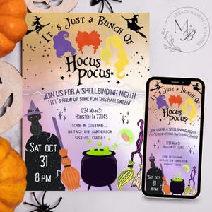 Hokus Pokus Halloween-Einladung | Bearbeitbar Sanderson Schwestern Party einladen | Gruselige Kostümparty Vorlage