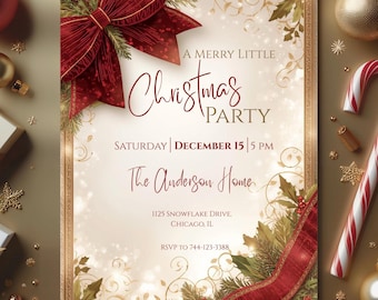 Burgundy Bow Christmas Invitation | Editable Canva Holiday Invite | Family Christmas Dinner | Printable & Phone Version | Digital Download