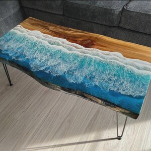 Live Edge Wood & Epoxy Resin Table: Ocean Wave Design