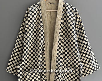 Handmade Kantha Quilted Kimono Robe: Polka Dot Cotton Jacket