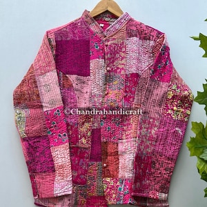 Indian Patchwork Silk Jacket Handmade Assorted Pink patterned Jacket Patchwork Jacket Boho Kantha Silk Jacket