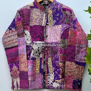 Bohemian Quilted Patchwork Purple Jacket For Women, Reversible Silk Jacket