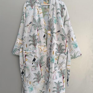 GREY Jungle Print Reversible Jacket. Winter Robe, Beautiful Velvet Coat, Gift For Her, Dressing gown, Bridal Robe, Cotton Velvet Jacket