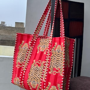 Tote Bag Orange Animal Print Quilted Cotton Shoulder Bag Women Handmade Shopping Bag Boho Reversible Travel Purse Large Kantha Handbag