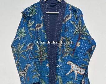 Veste kimono Kantha faite main : peignoir en coton à imprimé floral