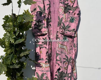 Handgemaakte katoenen Kantha kimono: Kimono met jungleprint en dierenmotief