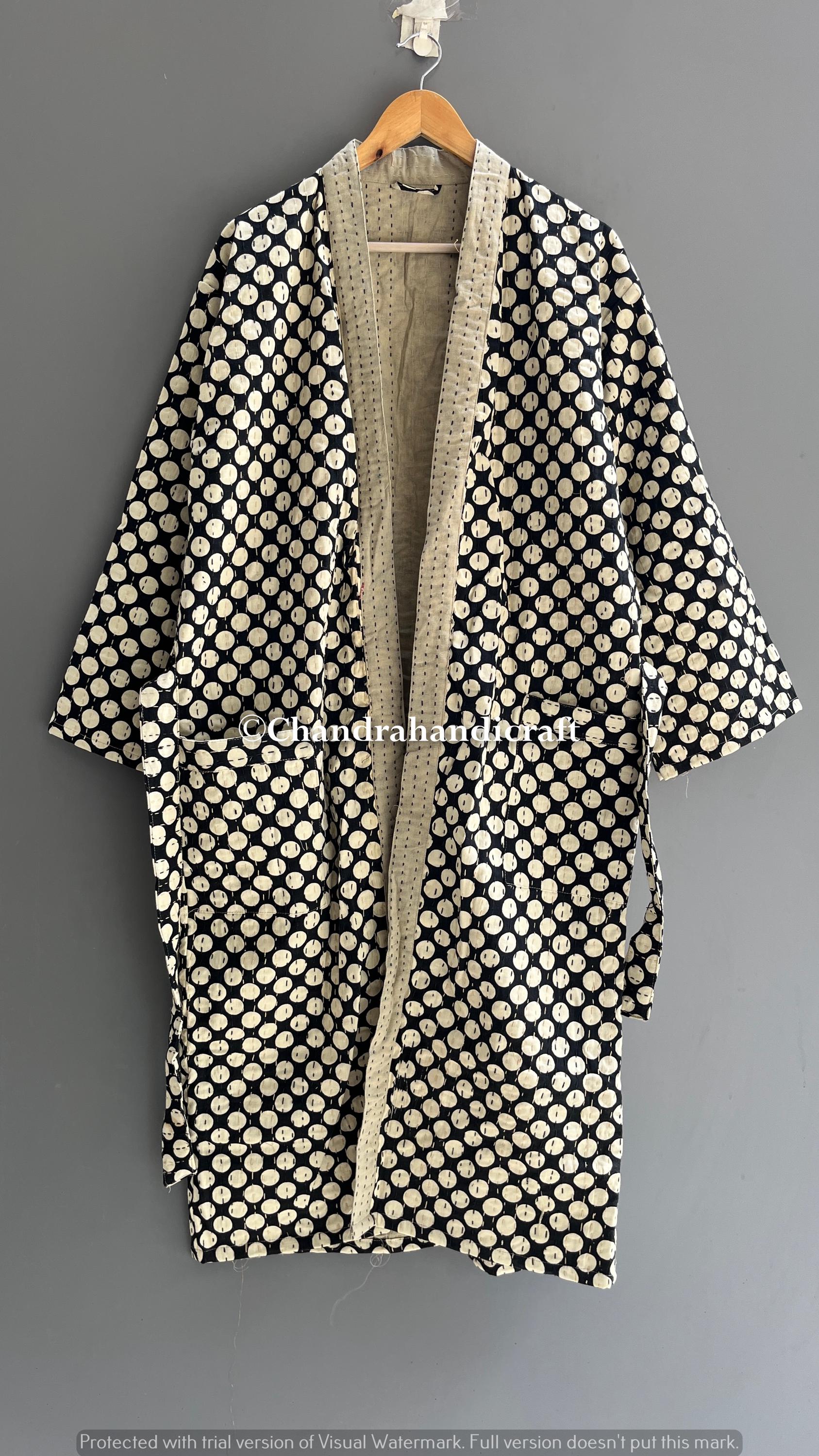 Giacca Kimono Vintage In Cotone Kantha Fatta A Mano - Multicolore, Lunga E Trapuntata