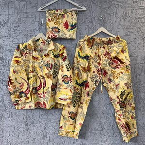 Mukut Print Beige Sleepwear Pajama Set, Handmade Pajama Set, Cotton Pajama Set, Loungewear, bridesmaid Pajama
