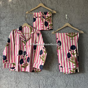 3 pc Indian Handmade 100% Cotton Pajama Set Night Wear, Soft Cotton Night Suit-Pure Cotton Pj&#39;s, block Print Pajamas, Pajamas Set