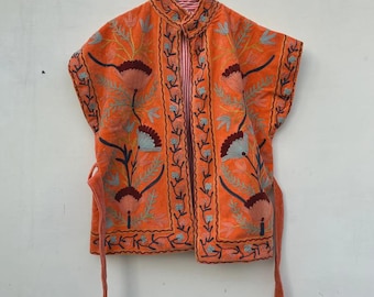 Indian Soft Velvet vest Suzani with colorful floral embroidery, boho style sleeveless vest
