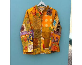 Handmade Quilted Patchwork Kantha Cotton Jacket: Bohemian Reversible Coat