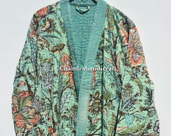 Kimono floral Kantha: Casaco de algodão indiano feito à mão