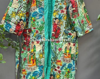 Peignoir kimono en coton à points de kantha : manteau indien fait main
