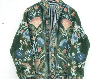 Green Velvet Suzani Embroidered Jacket: Handmade Indian Style Coat