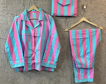 Handmade Cotton Pajama Set, Striped Indian Night Suit